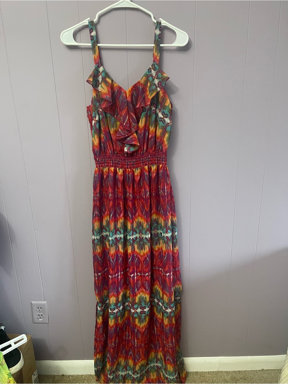 Faded Glory Red Multi-Color Ruffle-Front Maxi Sundress